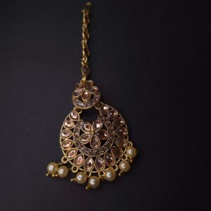 Sitara Antique Gold Kundan Crescent Maang Tikli with Pearl Tassels - Image 1