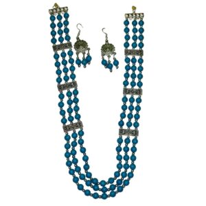 Royal Teal Beaded Necklace & Earrings Set - Image 1