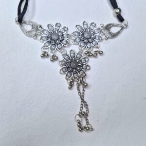 Ridhira Oxidized Silver Floral Choker Necklace with Dangling Chains - Image 2