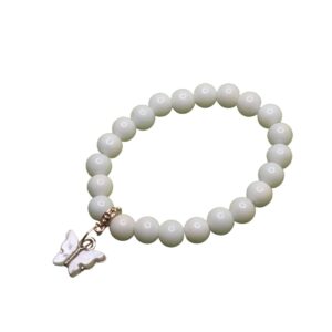 White Pearl Bead Bracelet with Silver Butterfly Charm - Image 2