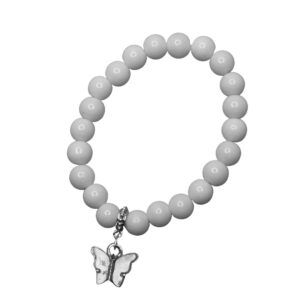 White Pearl Bead Bracelet with Silver Butterfly Charm - Image 1