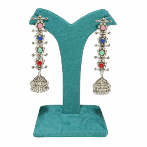 Multicolor Dangling Silver Jhumka Earrings - Image 1