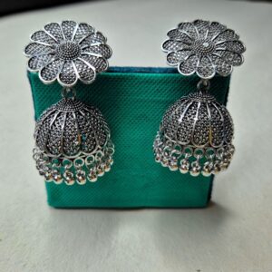 Aarna Oxidized Silver Floral Jhumka Earrings - Image 1