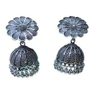 Aarna Oxidized Silver Floral Jhumka Earrings - Image 3