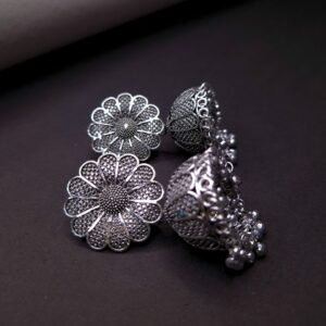 Aarna Oxidized Silver Floral Jhumka Earrings - Image 2