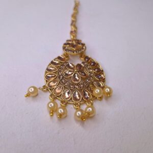 Noor Gold-Plated Kundan Floral Maang Tikli with Pearl Clusters - Image 1